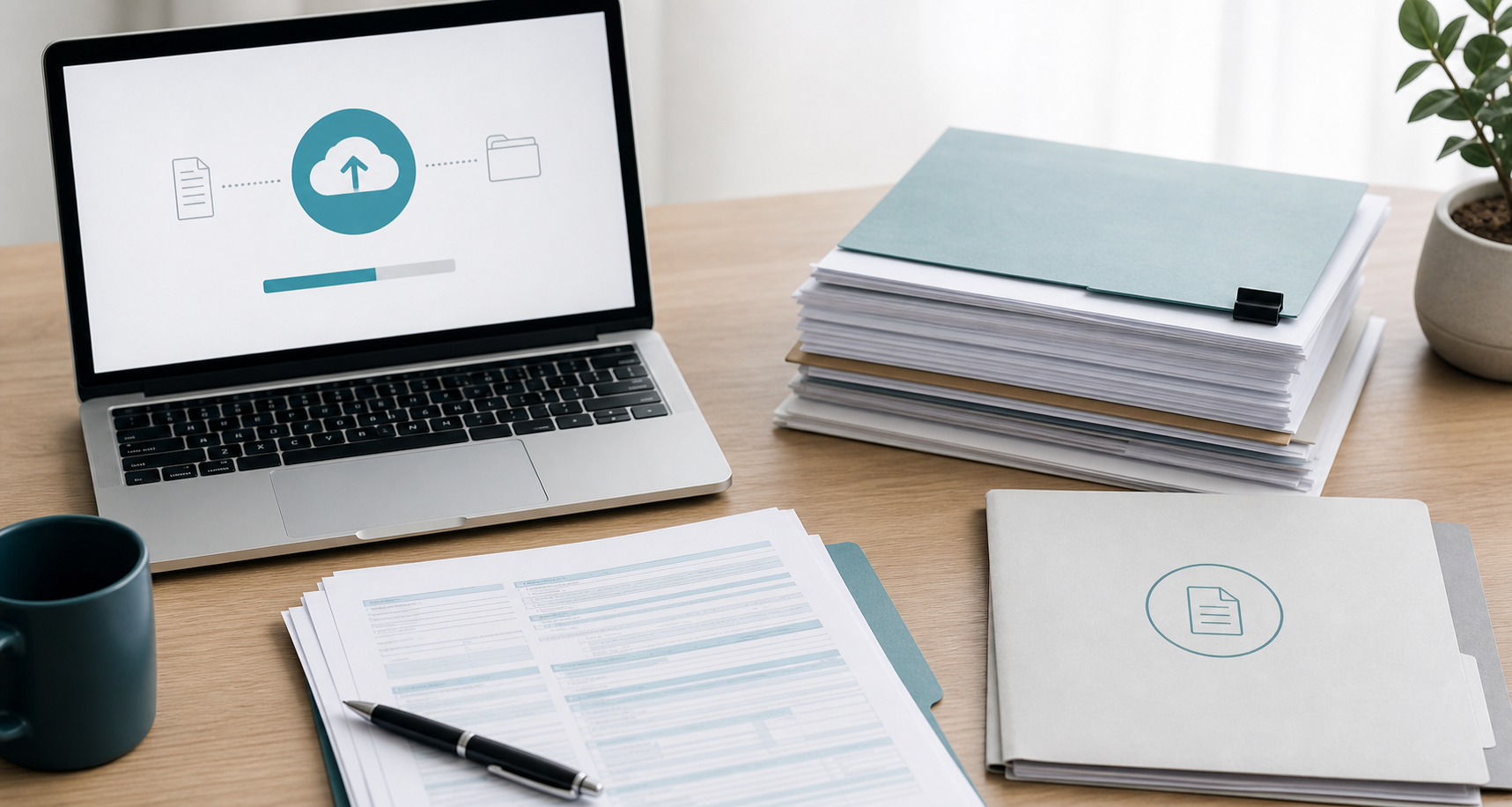 Organized desk with client intake documents and a laptop